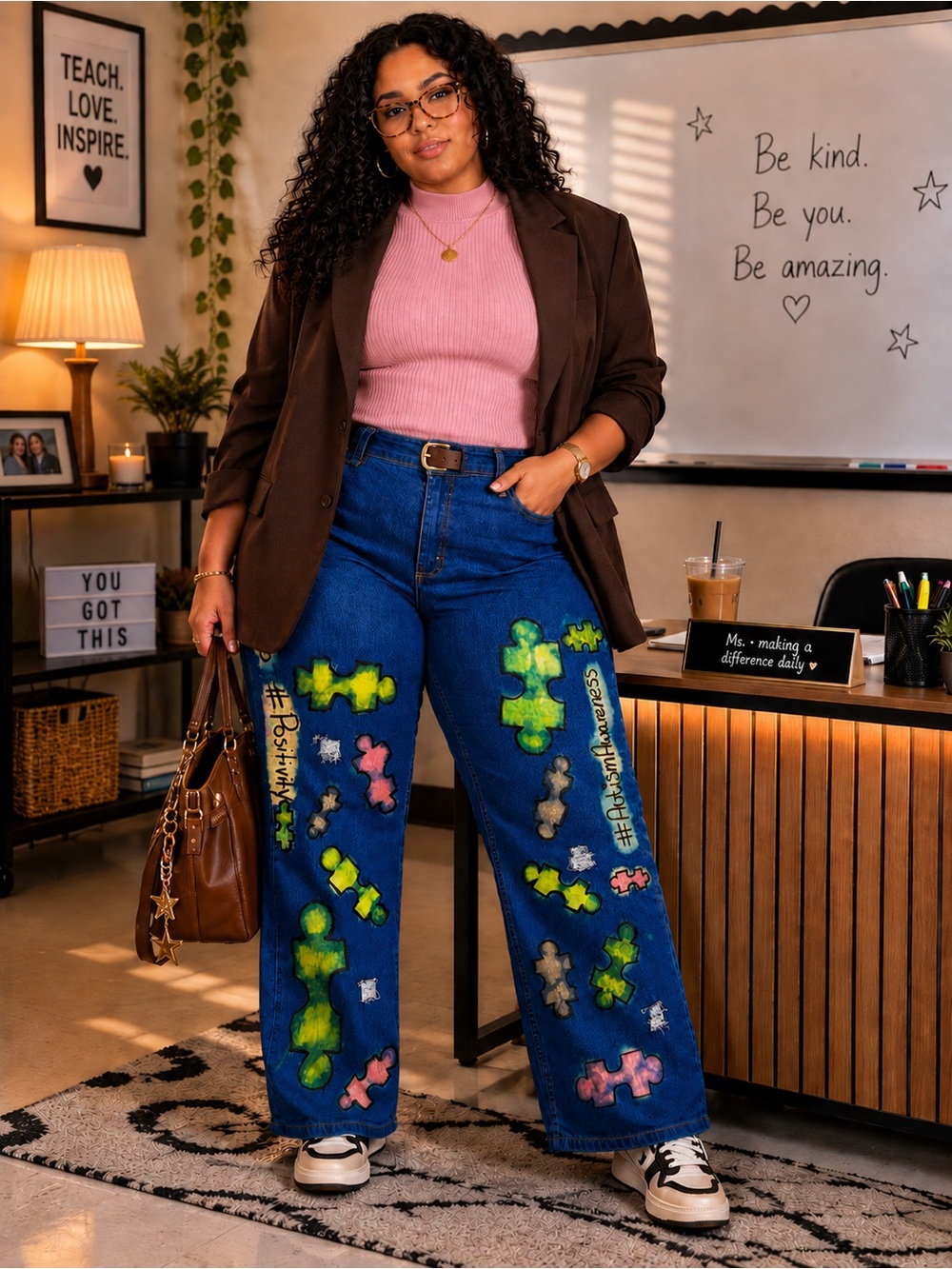 Hand-Painted Puzzle Piece Jeans in Blue with Neon Accents